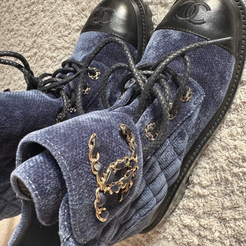 CHANEL Navy and Black Velvet Boots Size 7